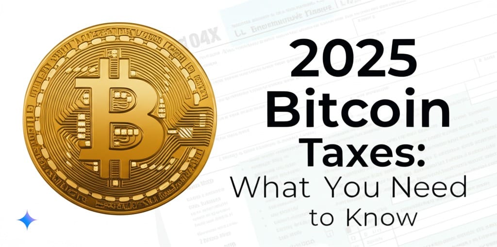 Bitcoin logo with tax form illustrating 2025 Bitcoin tax rules for US investors.”